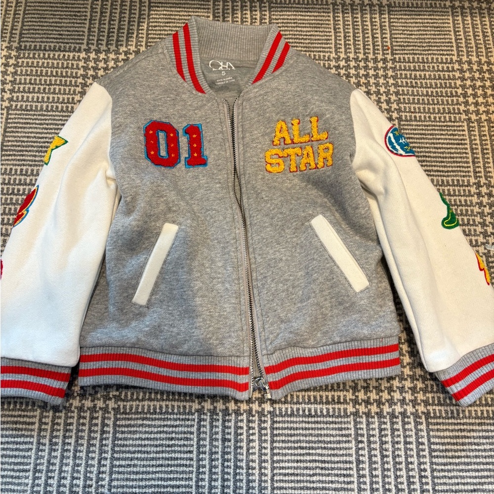 Gray and White Kids Varsity Jacket
